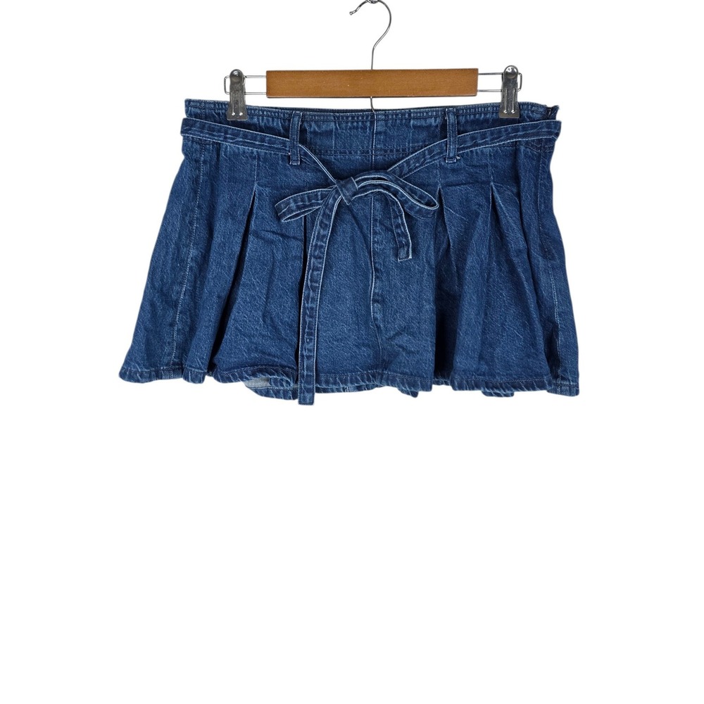 American Eagle Mini Skort Womens 4 Blue Denim Pleated Tie Waist Preppy